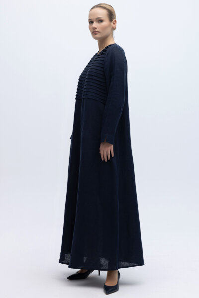 Önü Nervürlü Uzun Keten Kap Lacivert - MISS DALIDA (1)