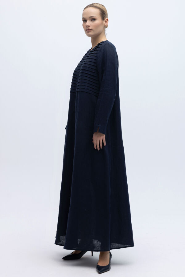 Önü Nervürlü Uzun Keten Kap Lacivert - 2