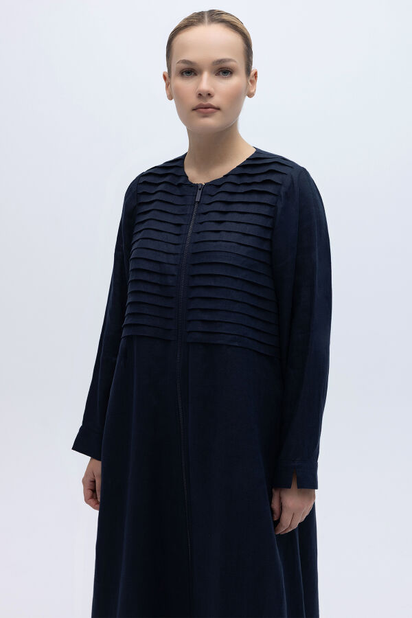 Önü Nervürlü Uzun Keten Kap Lacivert - 3
