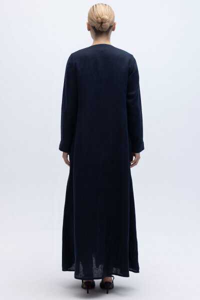 Önü Nervürlü Uzun Keten Kap Lacivert - 5