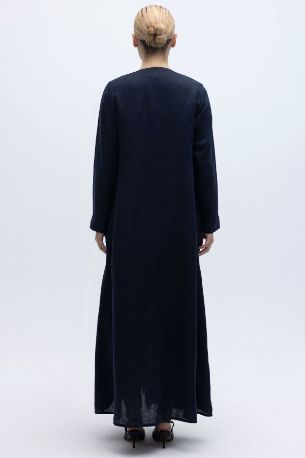 Önü Nervürlü Uzun Keten Kap Lacivert - 5