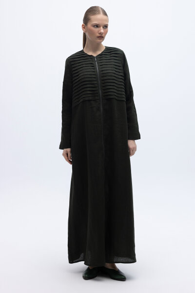 Önü Nervürlü Uzun Keten Kap Haki 