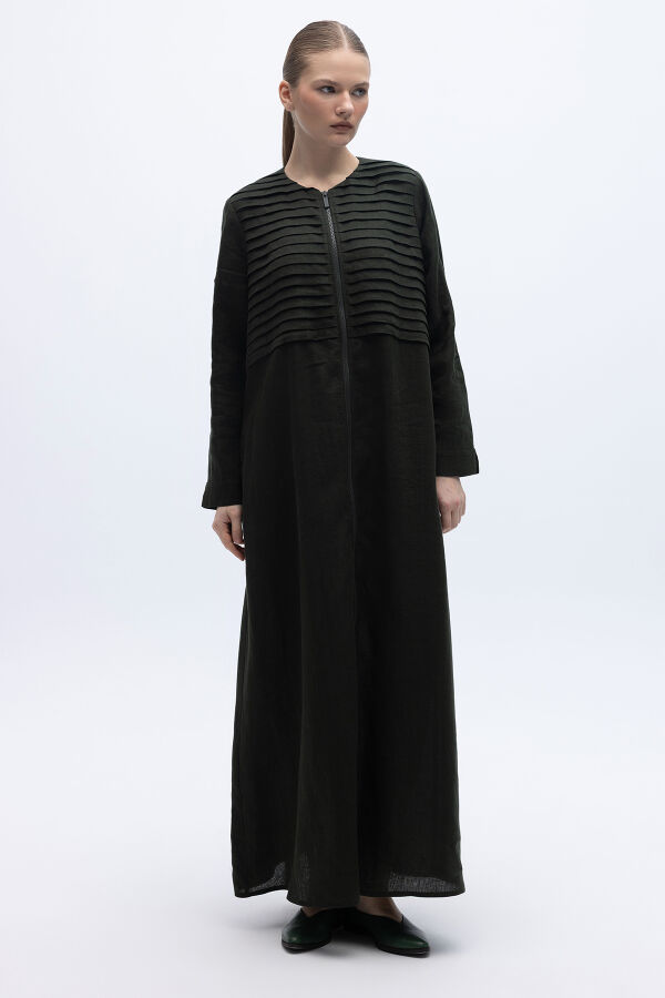 Önü Nervürlü Uzun Keten Kap Haki - 1