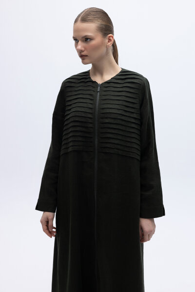 Önü Nervürlü Uzun Keten Kap Haki - MISS DALIDA (1)