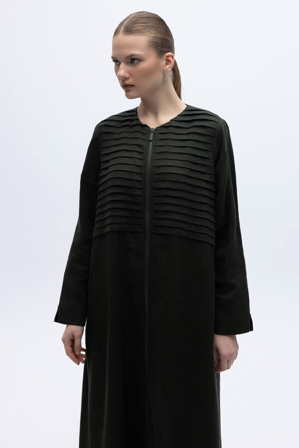 Önü Nervürlü Uzun Keten Kap Haki - 2