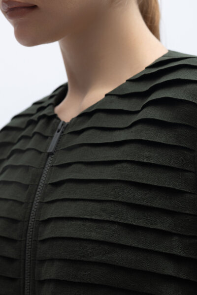 Önü Nervürlü Uzun Keten Kap Haki - 3