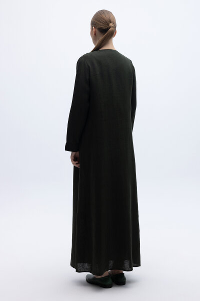 Önü Nervürlü Uzun Keten Kap Haki - 4