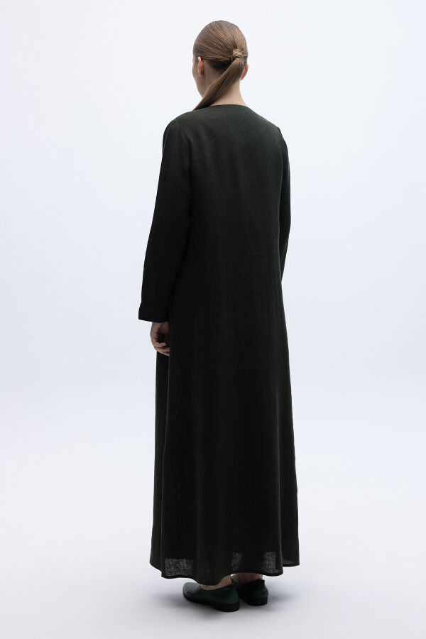 Önü Nervürlü Uzun Keten Kap Haki - 4