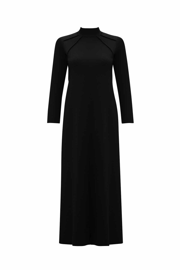 T26K-4014 Önü Örgü Teknikli Düz Renk Elbise BLACK - 1
