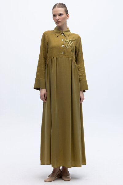 Önü Pul Nakışlı Uzun Elbise Amber 