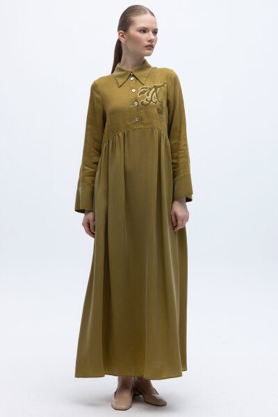 Önü Pul Nakışlı Uzun Elbise Amber - 2