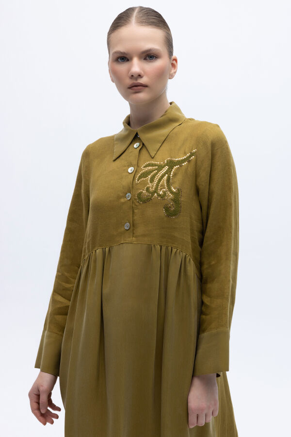 Önü Pul Nakışlı Uzun Elbise Amber - 3