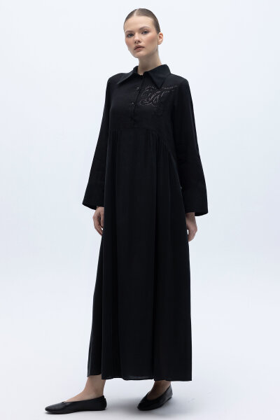 Önü Pul Nakışlı Uzun Elbise Siyah - 2
