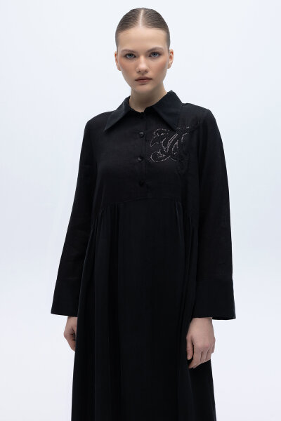Önü Pul Nakışlı Uzun Elbise Siyah - 3
