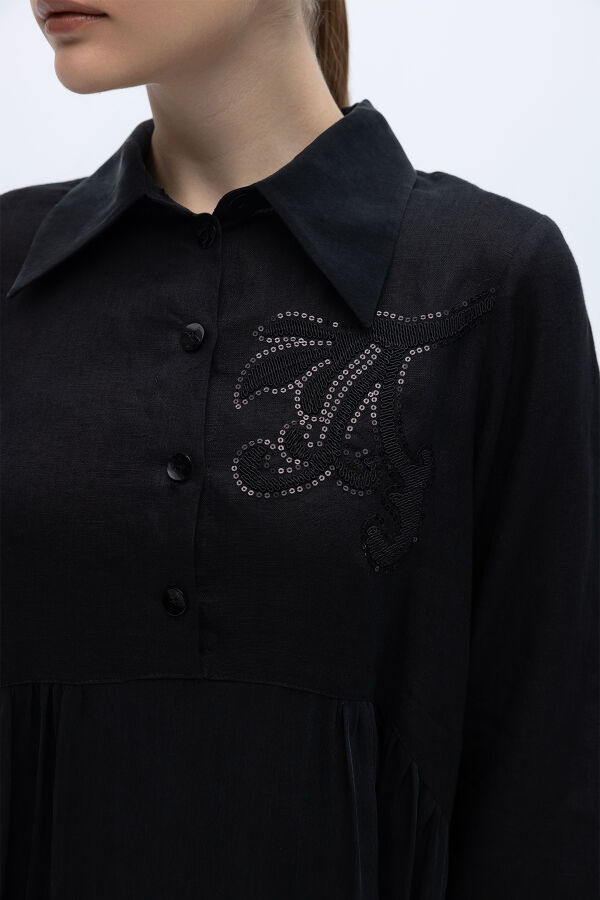 Önü Pul Nakışlı Uzun Elbise Siyah - 4