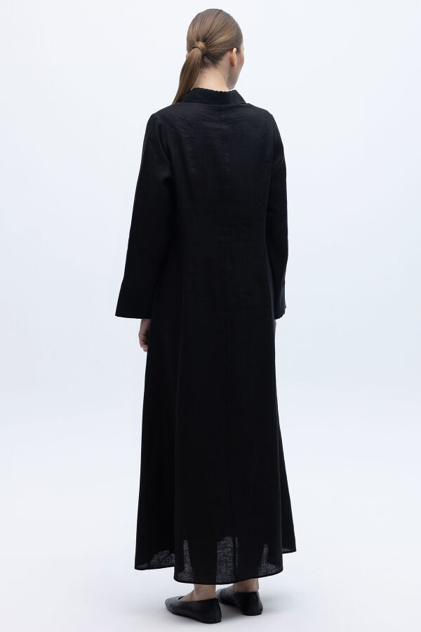 Önü Pul Nakışlı Uzun Elbise Siyah - 5