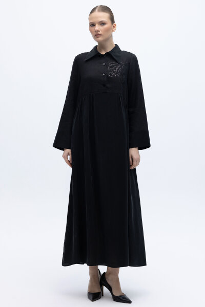 Önü Pul Nakışlı Uzun Elbise Siyah - 6