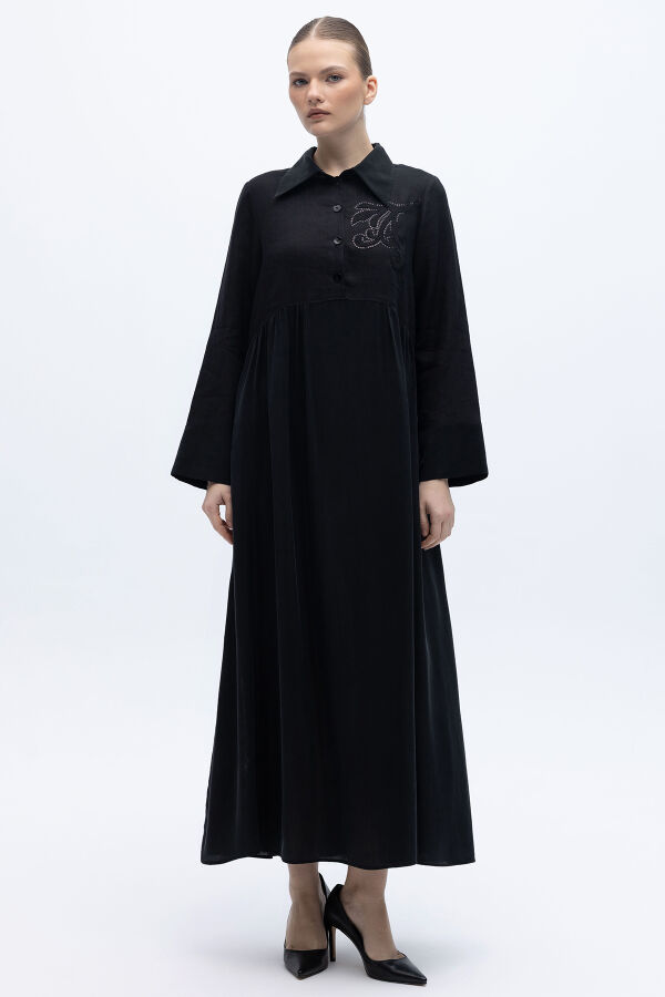 Önü Pul Nakışlı Uzun Elbise Siyah - 6