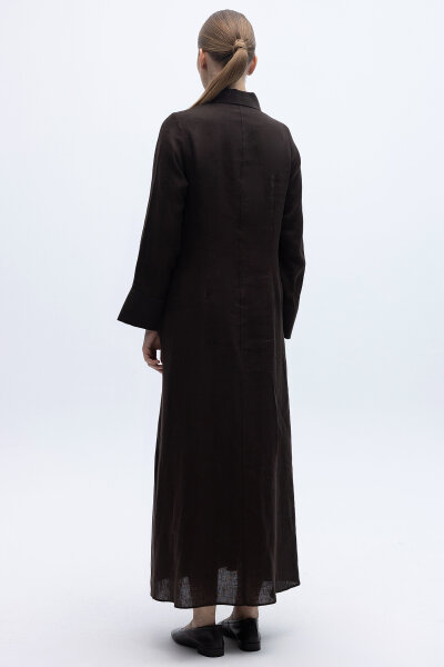 Önü Pul Nakışlı Uzun Elbise Kahverengi - 7