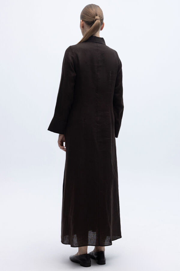 Önü Pul Nakışlı Uzun Elbise Kahverengi - 7