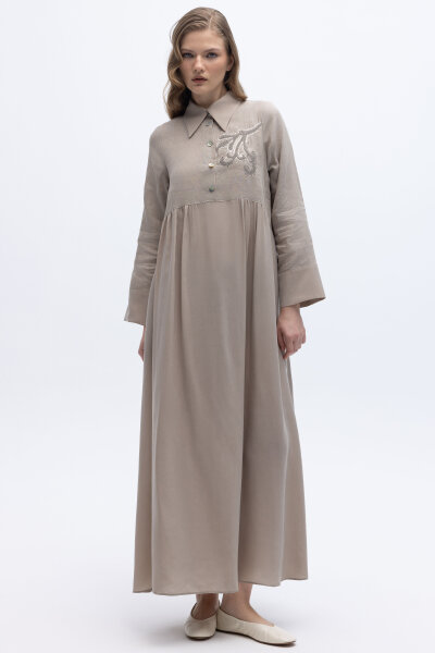 Önü Pul Nakışlı Uzun Elbise Stone 