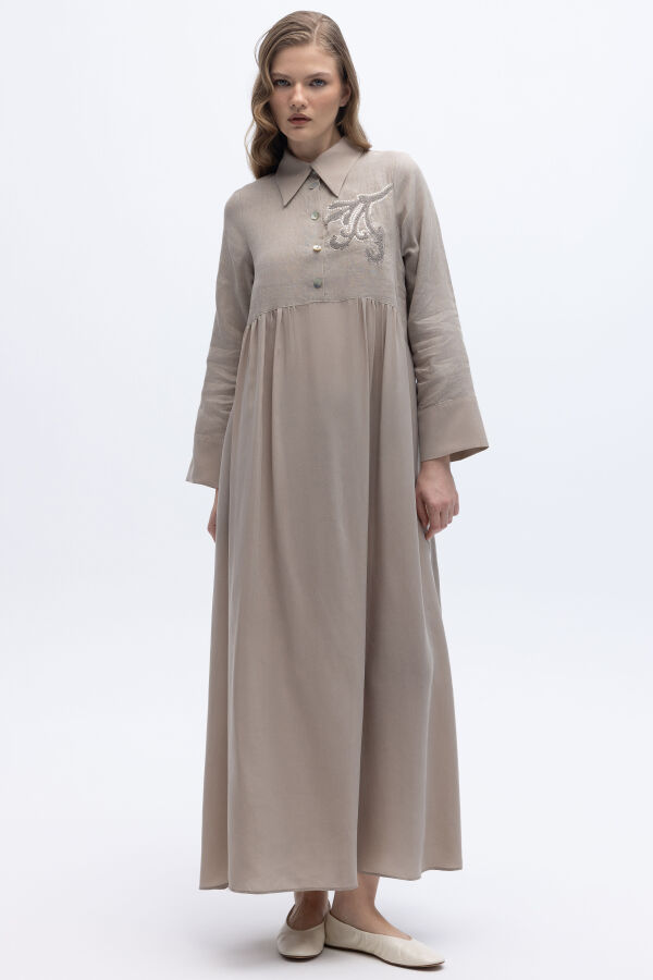 Önü Pul Nakışlı Uzun Elbise Stone - 1