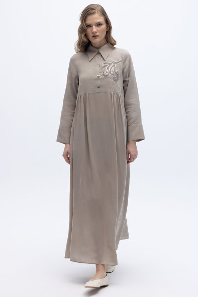 Önü Pul Nakışlı Uzun Elbise Stone - 2