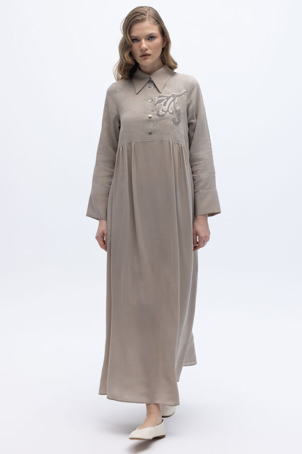 Önü Pul Nakışlı Uzun Elbise Stone - 2