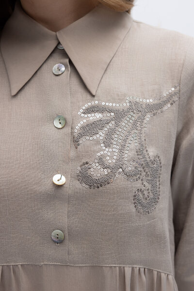 Önü Pul Nakışlı Uzun Elbise Stone - 3