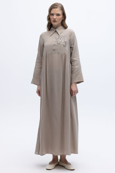 Önü Pul Nakışlı Uzun Elbise Stone - 5