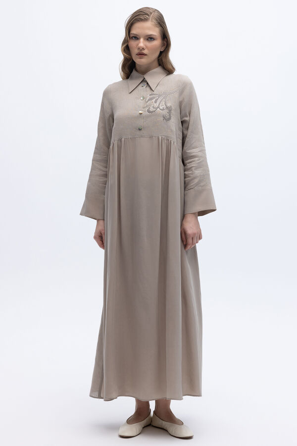 Önü Pul Nakışlı Uzun Elbise Stone - 5