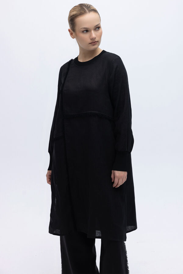 Önü Püsküllü Uzun Kollu Keten Elbise Siyah - 1