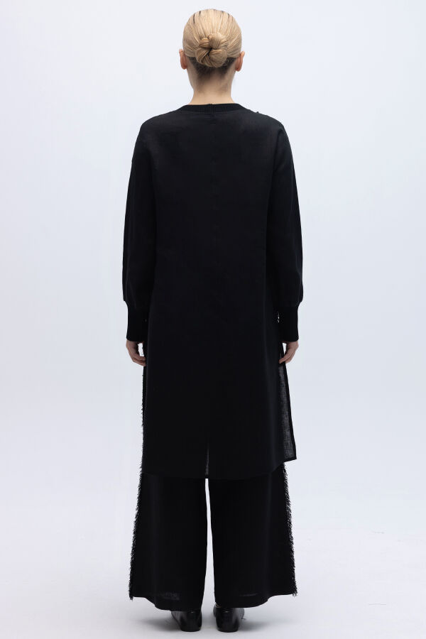Önü Püsküllü Uzun Kollu Keten Elbise Siyah - 2