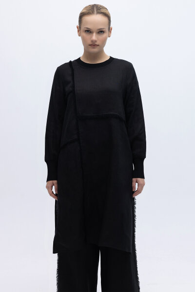 Önü Püsküllü Uzun Kollu Keten Elbise Siyah - 3