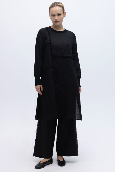 Önü Püsküllü Uzun Kollu Keten Elbise Siyah - 4