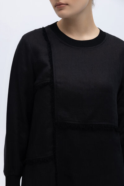 Önü Püsküllü Uzun Kollu Keten Elbise Siyah - 5