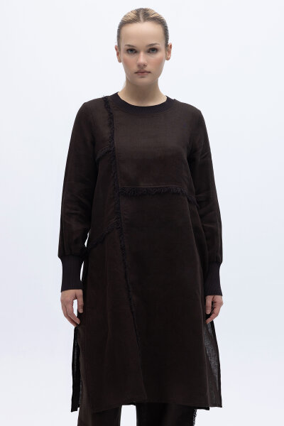 Önü Püsküllü Uzun Kollu Keten Elbise Kahverengi 