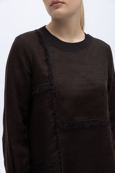 Önü Püsküllü Uzun Kollu Keten Elbise Kahverengi - 2