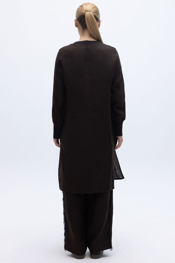 Önü Püsküllü Uzun Kollu Keten Elbise Kahverengi - 3