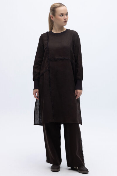 Önü Püsküllü Uzun Kollu Keten Elbise Kahverengi - 4