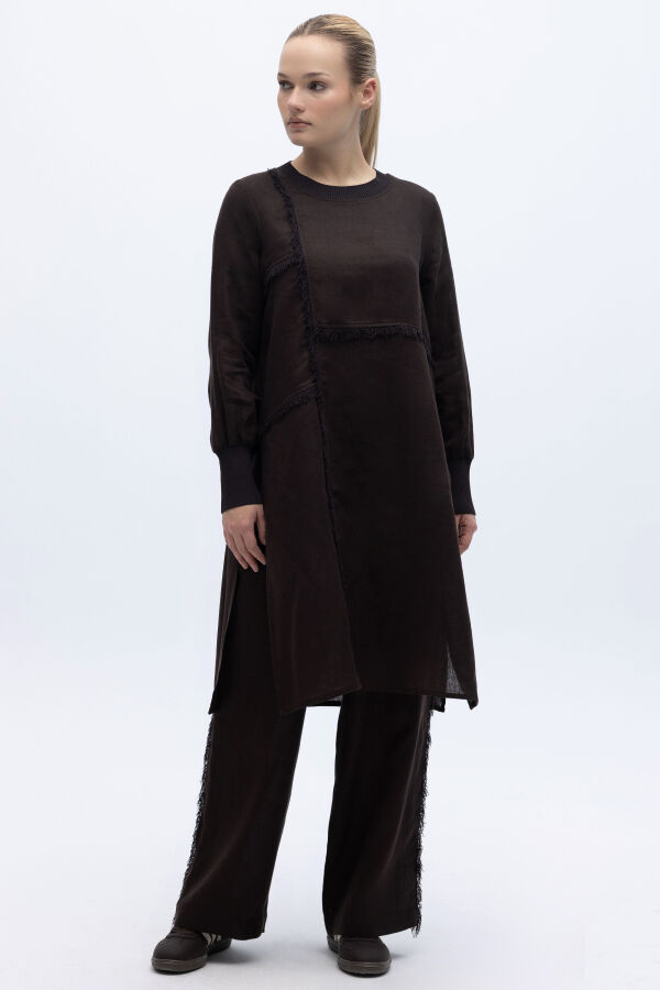 Önü Püsküllü Uzun Kollu Keten Elbise Kahverengi - 5