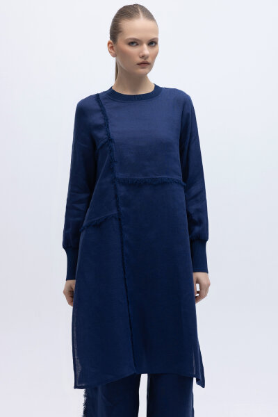 Önü Püsküllü Uzun Kollu Keten Elbise Navy - 1