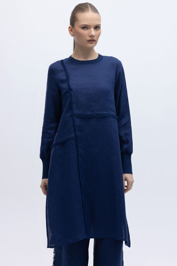 Önü Püsküllü Uzun Kollu Keten Elbise Navy - 1