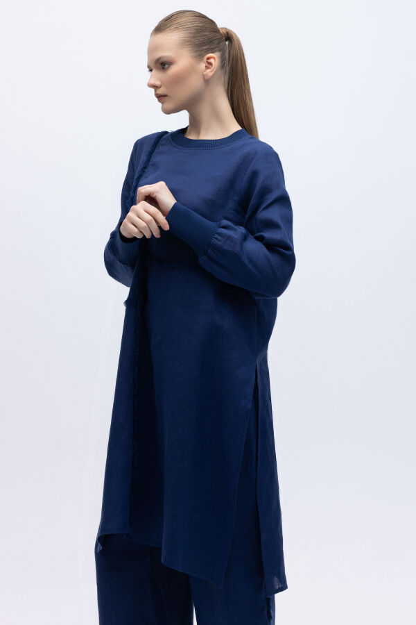 Önü Püsküllü Uzun Kollu Keten Elbise Navy - 5