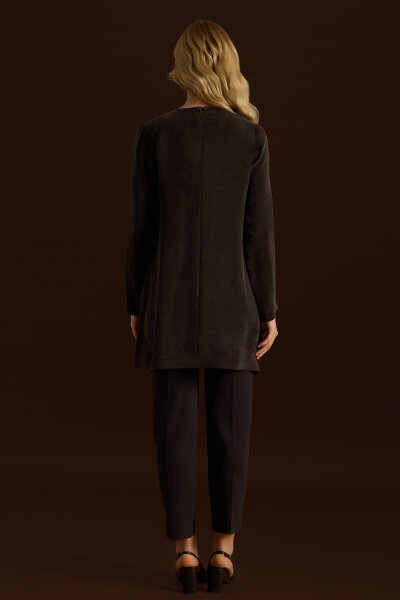 Önü Triko Tiktaklı Cupro Tunik Kahverengi - 2