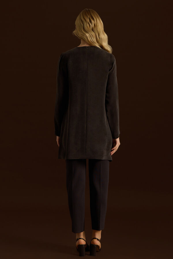 Önü Triko Tiktaklı Cupro Tunik Kahverengi - 2