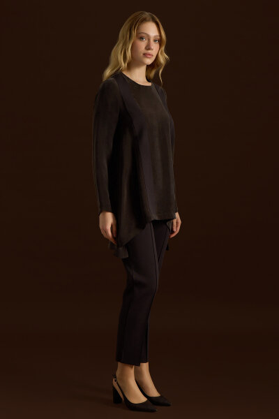 Önü Triko Tiktaklı Cupro Tunik Kahverengi - 3