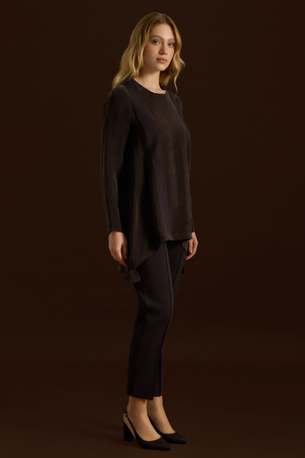 Önü Triko Tiktaklı Cupro Tunik Kahverengi - 3