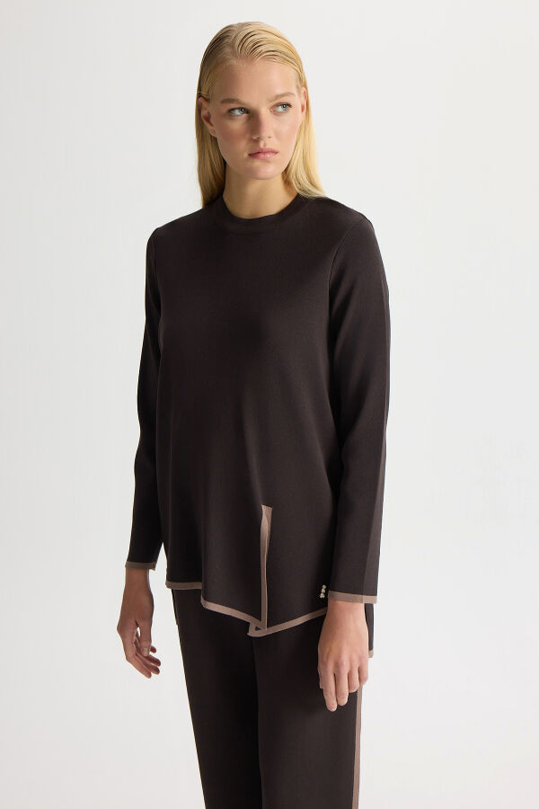 Önü Yırtmaç ve Tiktak Detaylı Triko Tunik Kahverengi - 3