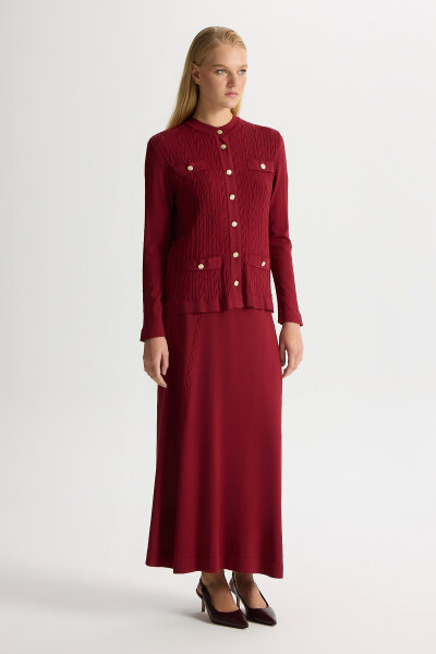 Örgü Teknikli Düz Renk Triko Etek Cherry 